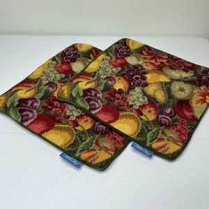 Williamsburg needlepoint fruit wool/green velvet back zippered pillow cases